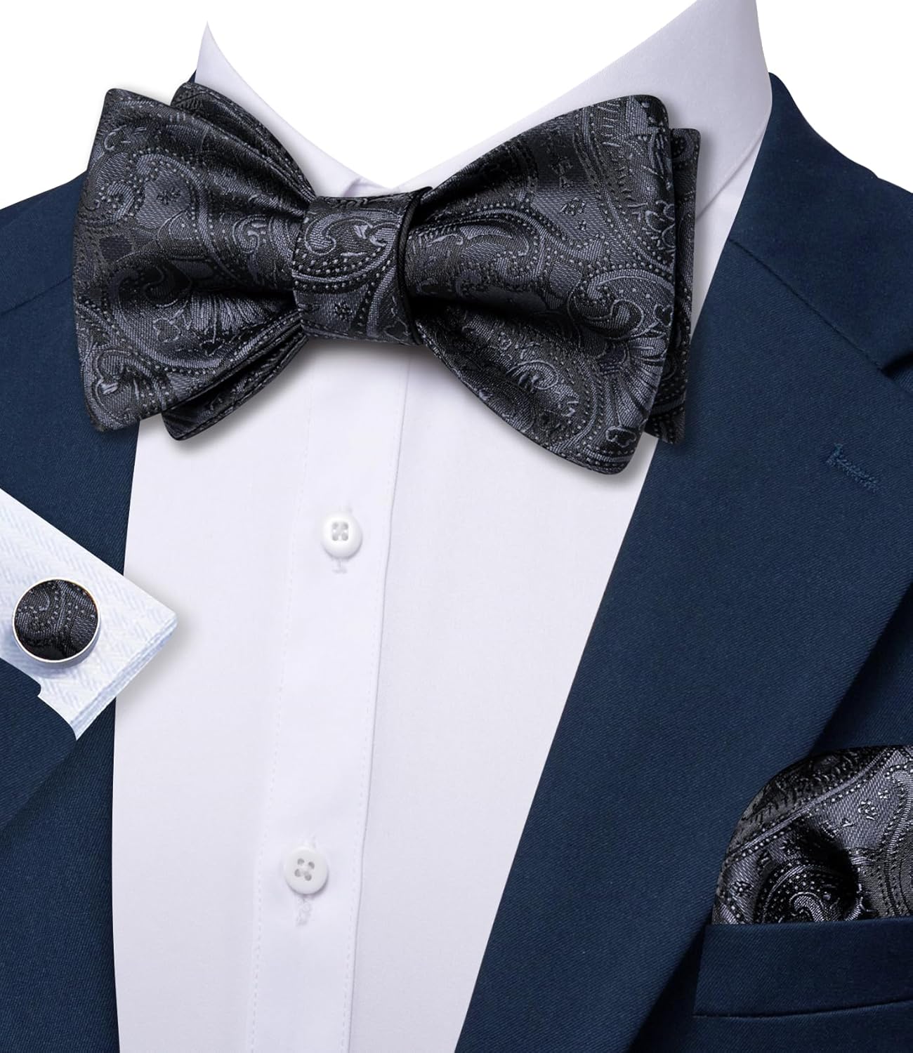 Dluxe Ave. Men Bow Tie Set Pocket Square Cufflink Silk Elegant Self Tied