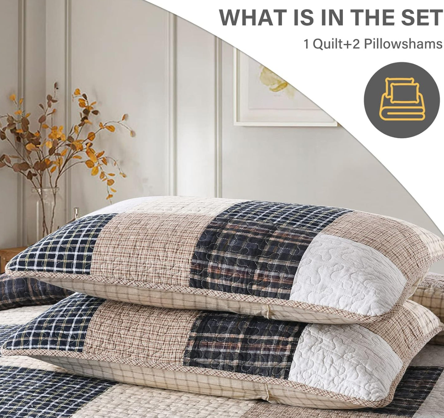 Dluxe Ave. (QUEEN) Quilt Set 100% Cotton Beige for All Season/ Multi- Color