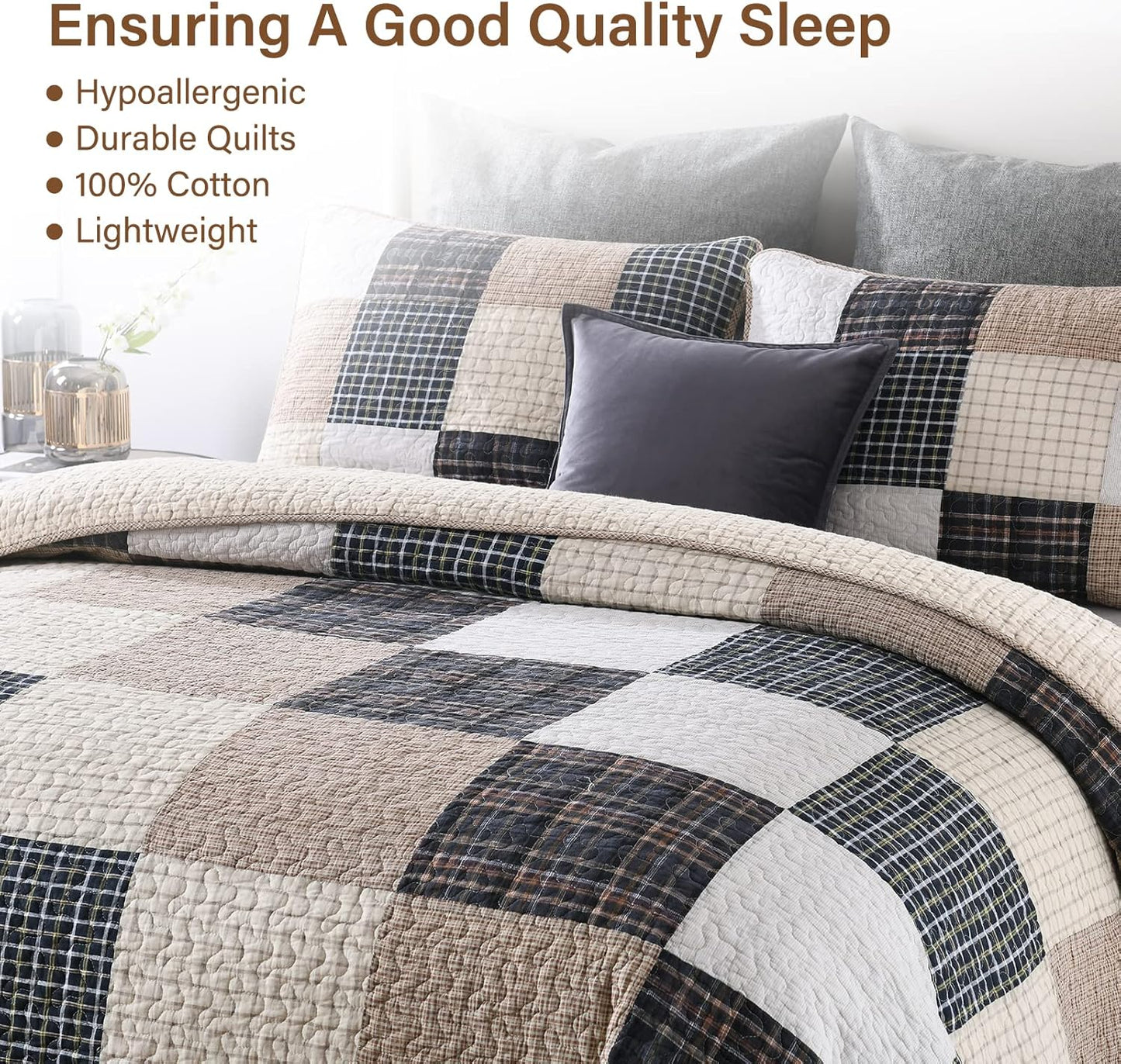 Dluxe Ave. (QUEEN) Quilt Set 100% Cotton Beige for All Season/ Multi- Color