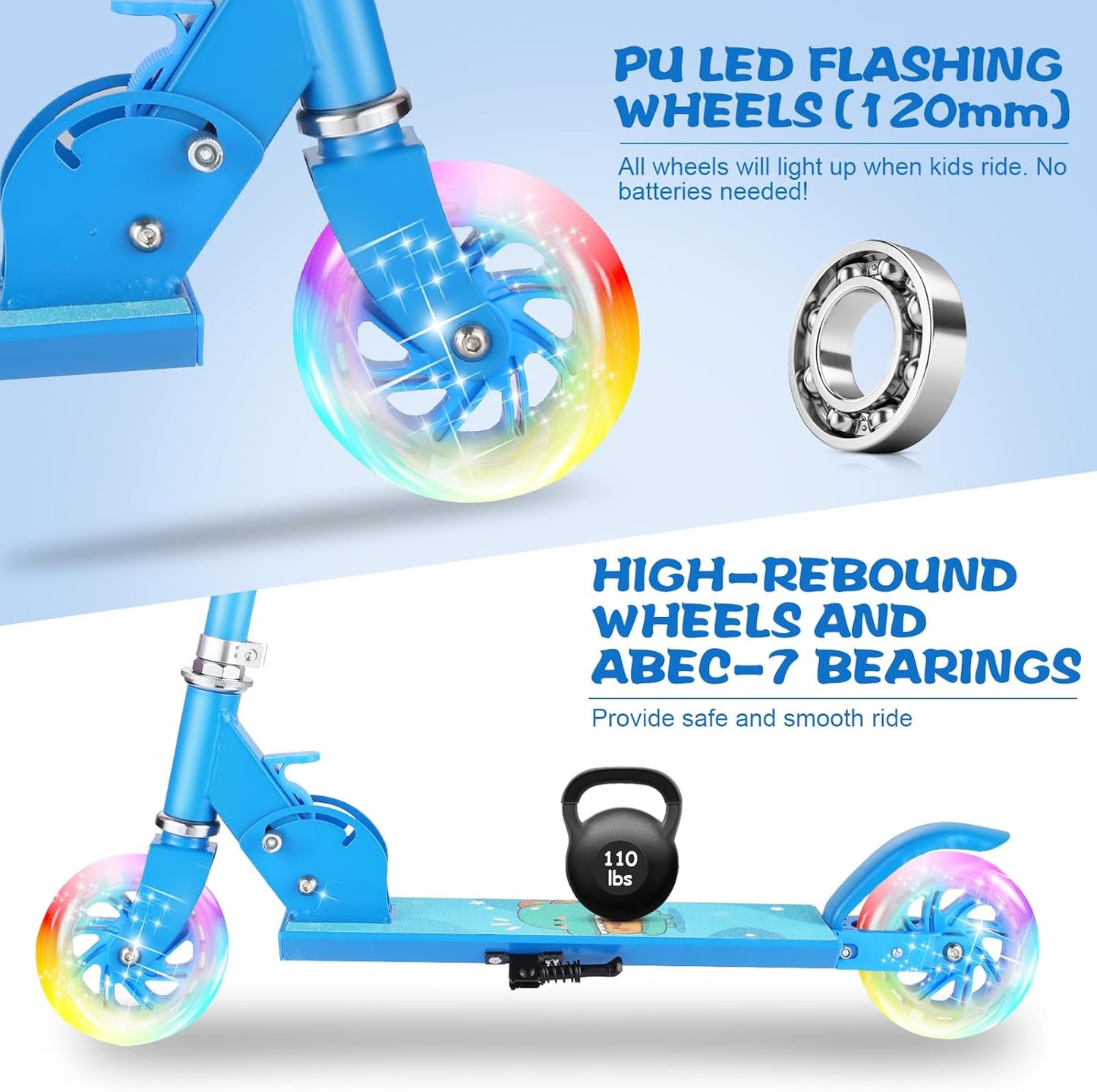 Dluxe Ave. Scooter for Kids Ages 3-10 - Kids Kick Scooters with Led Light Up Wheels & 3 Levels Adjustable Handlebar Lightweight Foldable 2 Wheel Blue Light Up Scooter Christmas Birthday Gifts for Girls Boys.