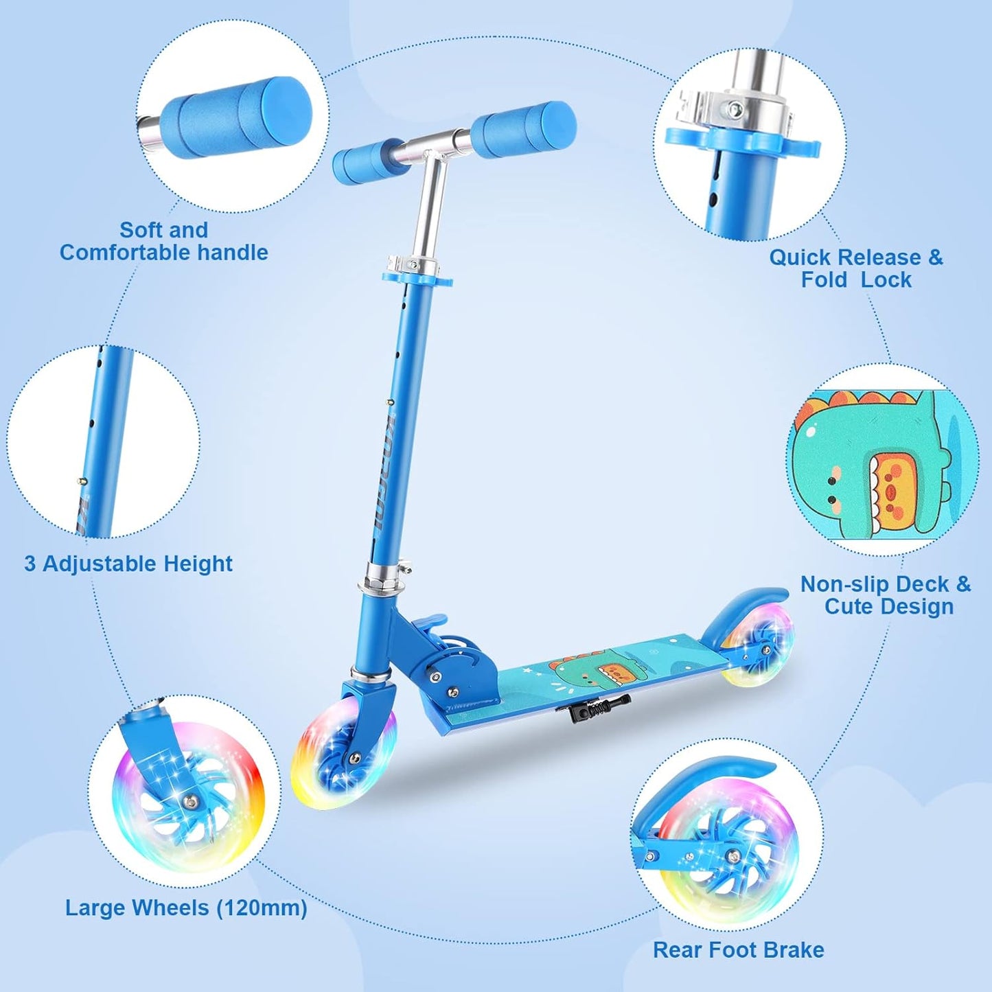 Dluxe Ave. Scooter for Kids Ages 3-10 - Kids Kick Scooters with Led Light Up Wheels & 3 Levels Adjustable Handlebar Lightweight Foldable 2 Wheel Blue Light Up Scooter Christmas Birthday Gifts for Girls Boys.