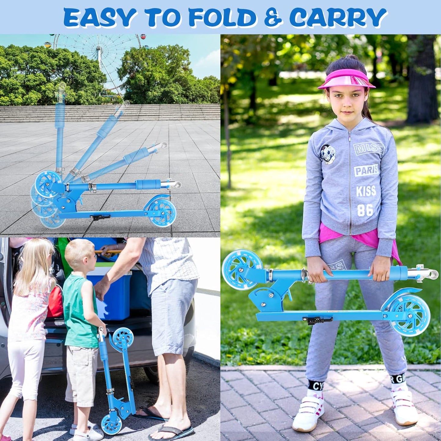 Dluxe Ave. Scooter for Kids Ages 3-10 - Kids Kick Scooters with Led Light Up Wheels & 3 Levels Adjustable Handlebar Lightweight Foldable 2 Wheel Blue Light Up Scooter Christmas Birthday Gifts for Girls Boys.