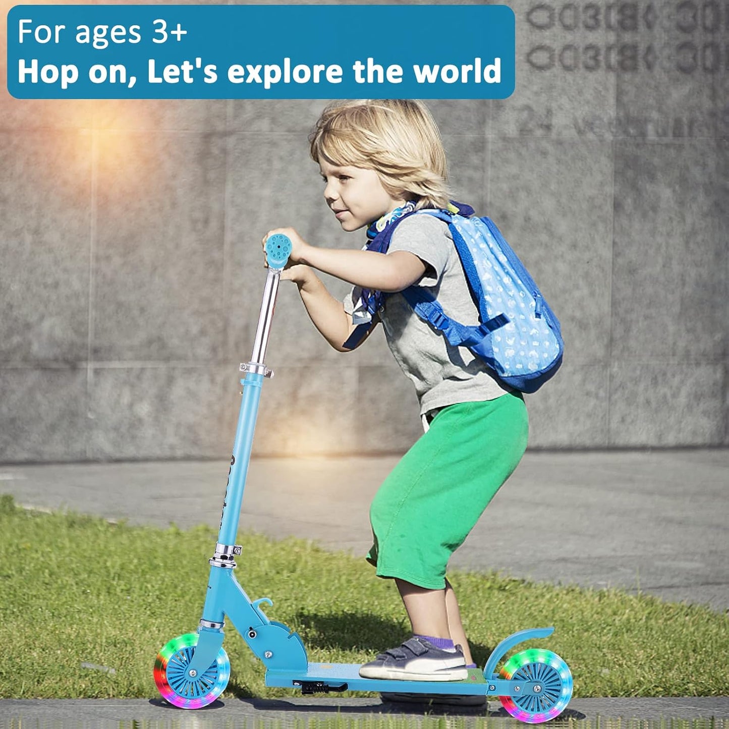 Dluxe Ave. Scooter for Kids Ages 3-10 - Kids Kick Scooters with Led Light Up Wheels & 3 Levels Adjustable Handlebar Lightweight Foldable 2 Wheel Blue Light Up Scooter Christmas Birthday Gifts for Girls Boys.