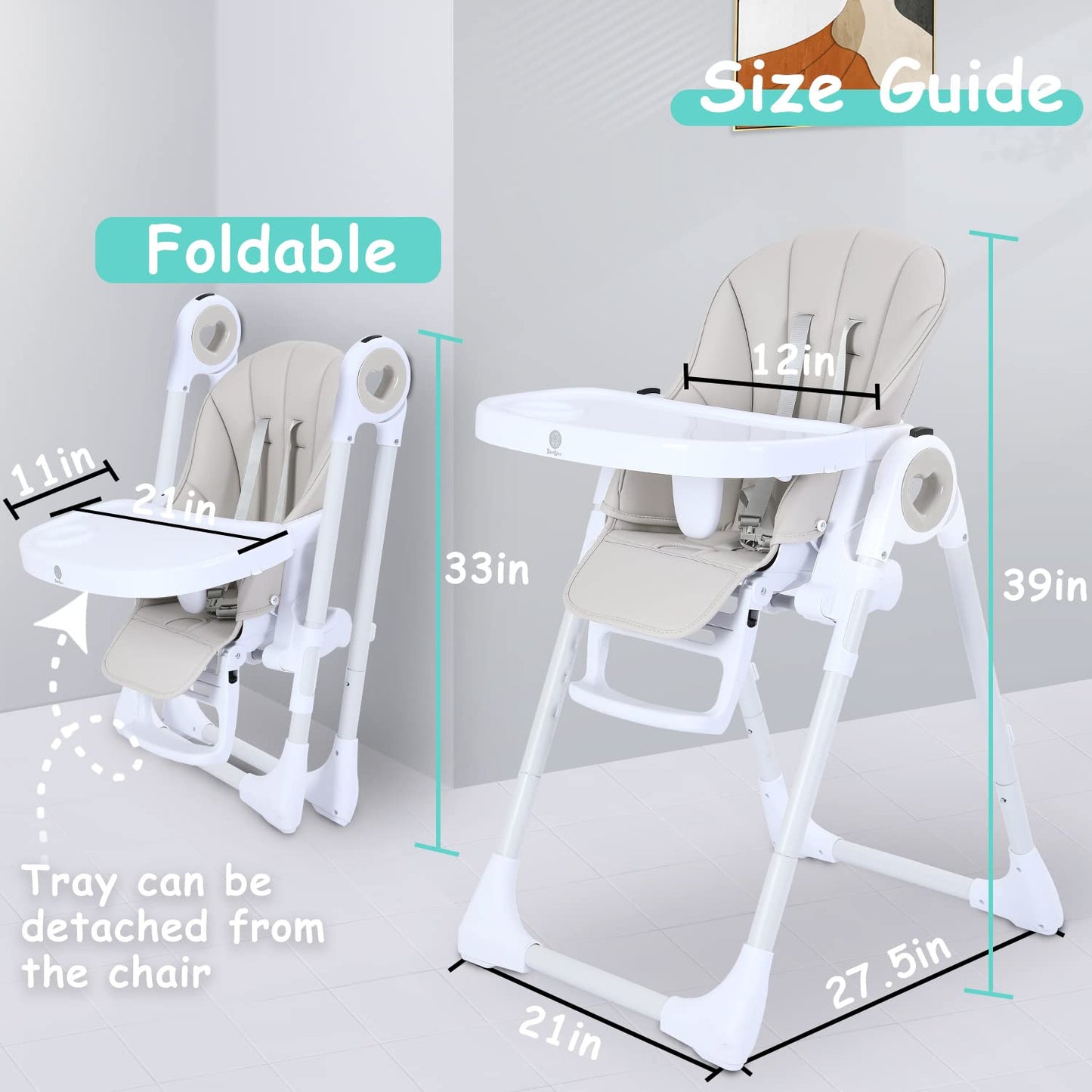Dluxe Ave. Babilous 4 in 1 High Chair for Babies and Toddlers Foldable Booster Seats Adjustable Height Reclining Backrest and Footrest Double Removable Tray Baby High Chair for Toddler (Gray)