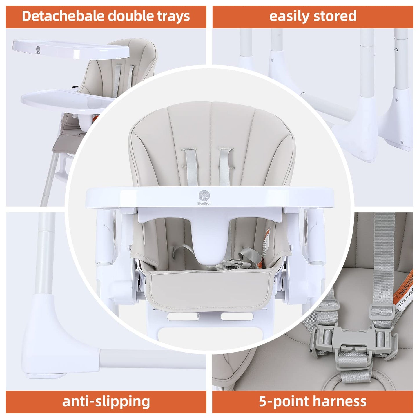 Dluxe Ave. Babilous 4 in 1 High Chair for Babies and Toddlers Foldable Booster Seats Adjustable Height Reclining Backrest and Footrest Double Removable Tray Baby High Chair for Toddler (Gray)