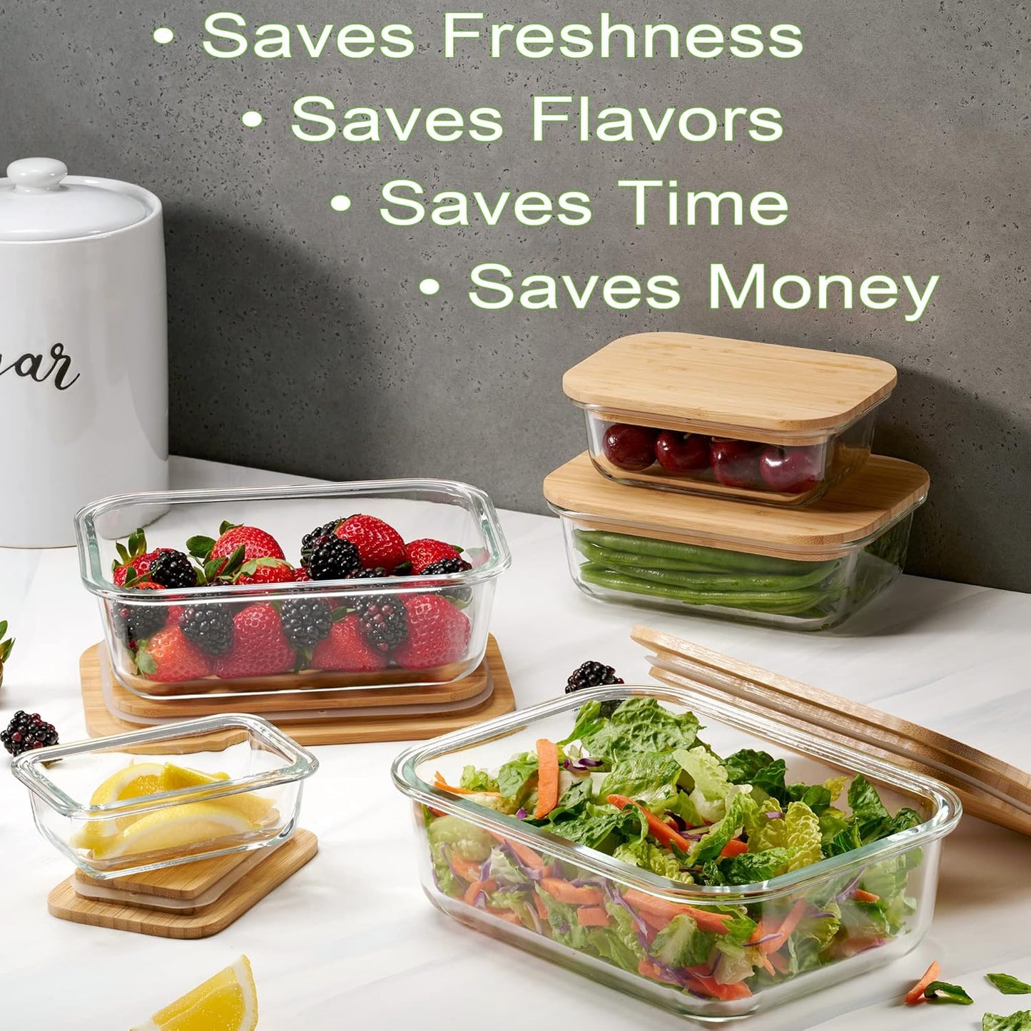 Dluxe Ave. Glass Food Storage Containers with Bamboo Lids Eco-Friendly set of 5 Airtight Pantry Organization Meal Prep Glass Containers. Plastic Free. BPA Free. Microwave Oven Dishwasher and Freezer Safe