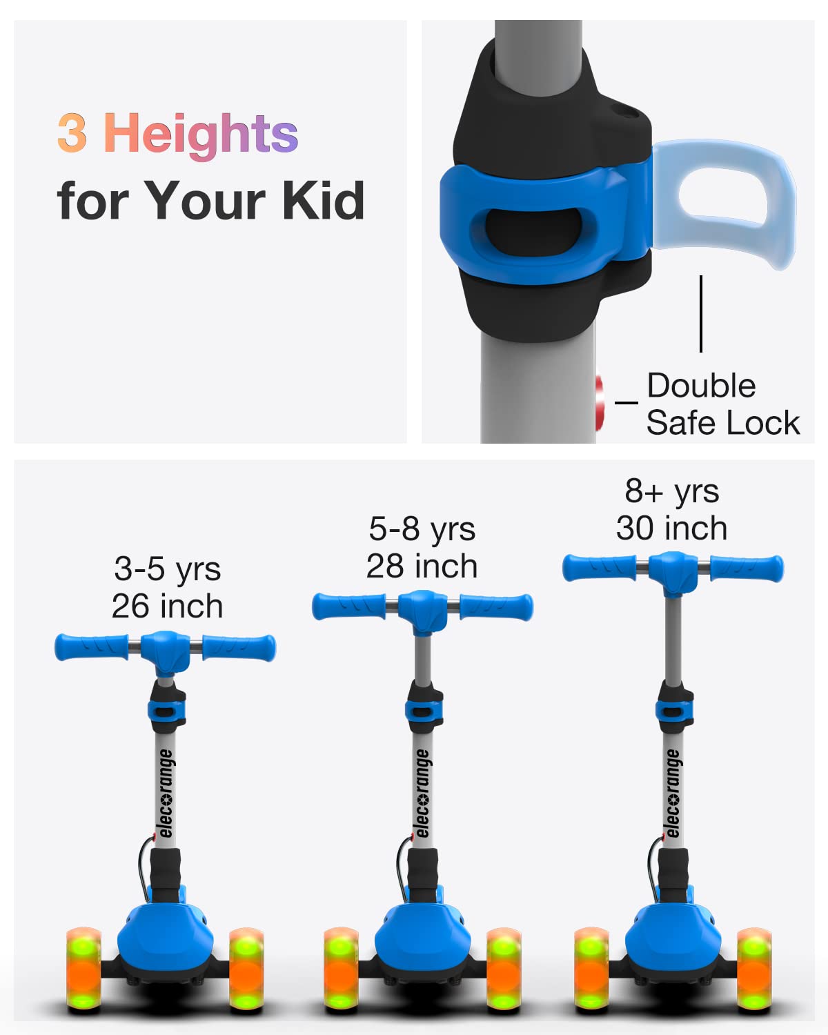 Dluxe ave. Elecorange Electric Scooter for Kids Ages 4-6 3 Extra Wide Light Up Wheel & Deck 3 Adjustable Heights 5 Mph Foldable 3 Wheel Electric Scooter for Kids Toddlers Boys Girls Ages 4-8 Blue