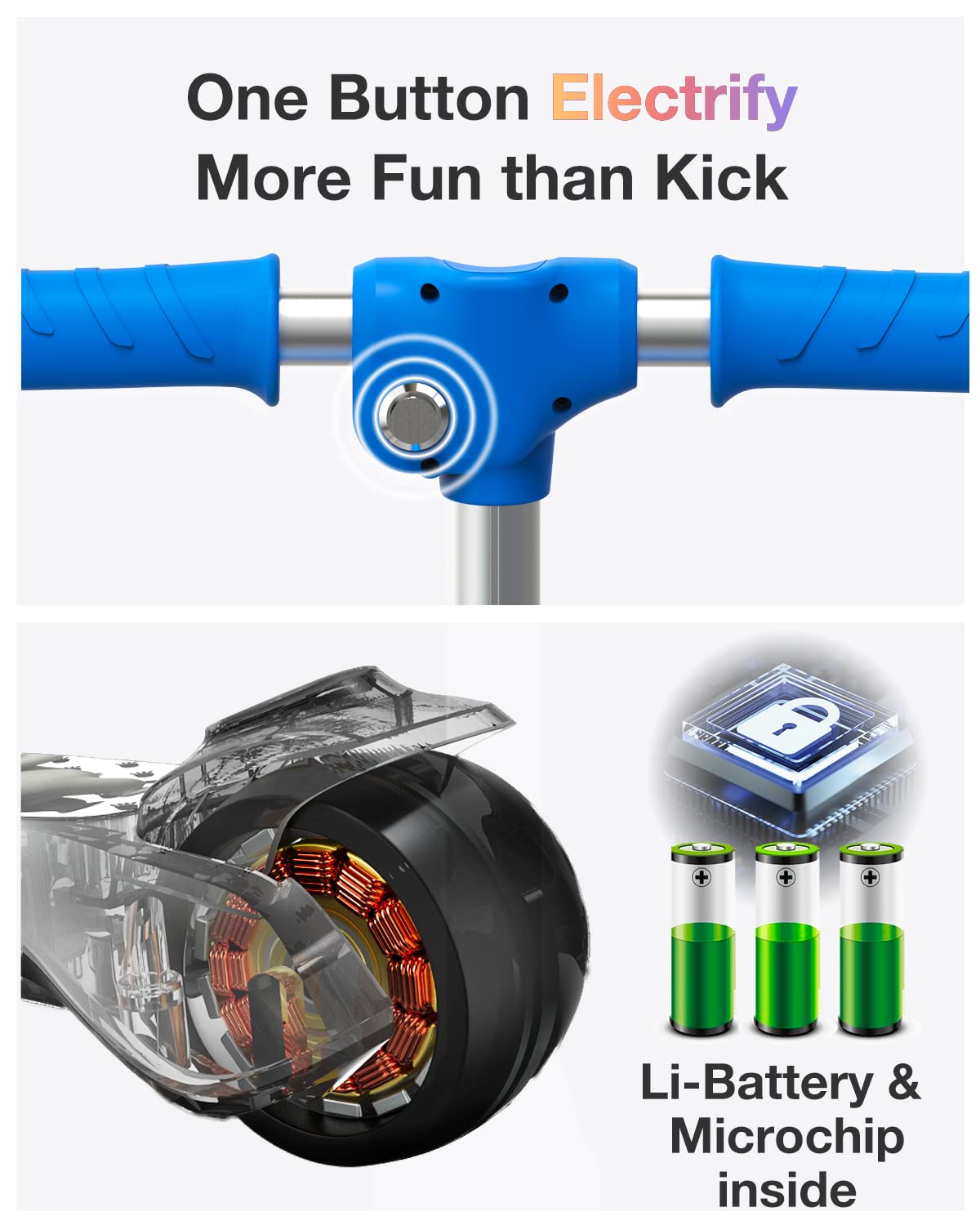 Dluxe ave. Elecorange Electric Scooter for Kids Ages 4-6 3 Extra Wide Light Up Wheel & Deck 3 Adjustable Heights 5 Mph Foldable 3 Wheel Electric Scooter for Kids Toddlers Boys Girls Ages 4-8 Blue