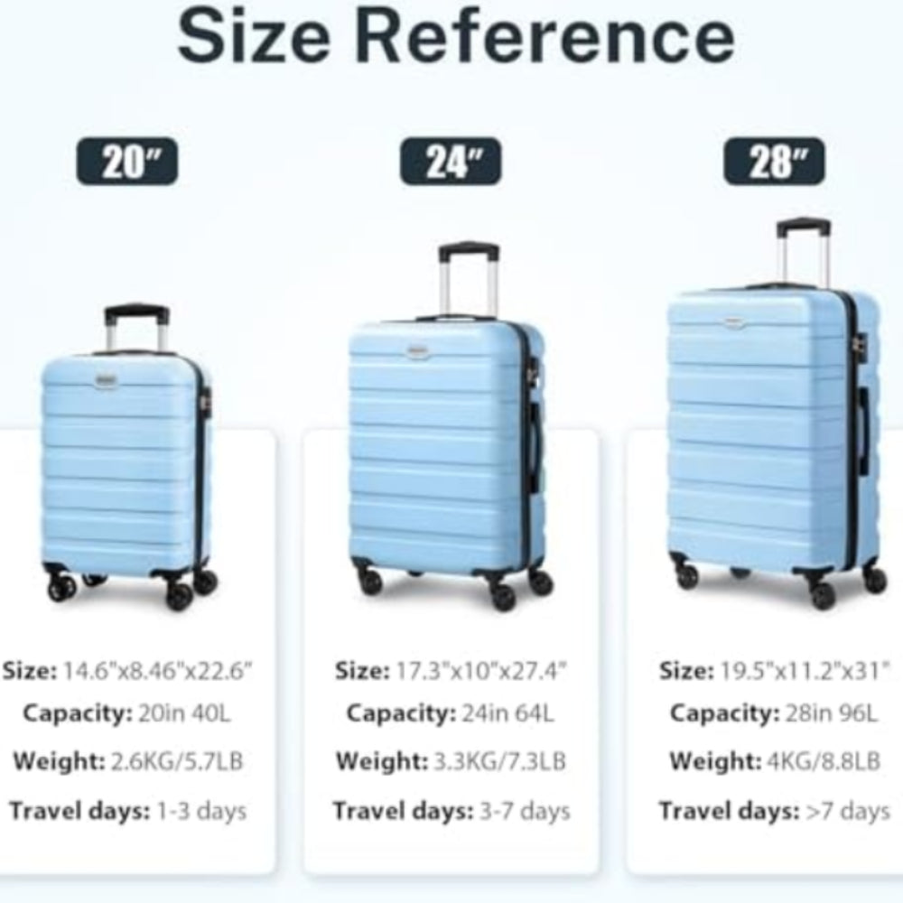 Dluxe Ave. Luggage Sets 3 Pcs/PC ABS Hardside/Lightweight/4 Spinning Wheels/TSA Lock/ Carry On (Light Blue) 20 24 28 Inch