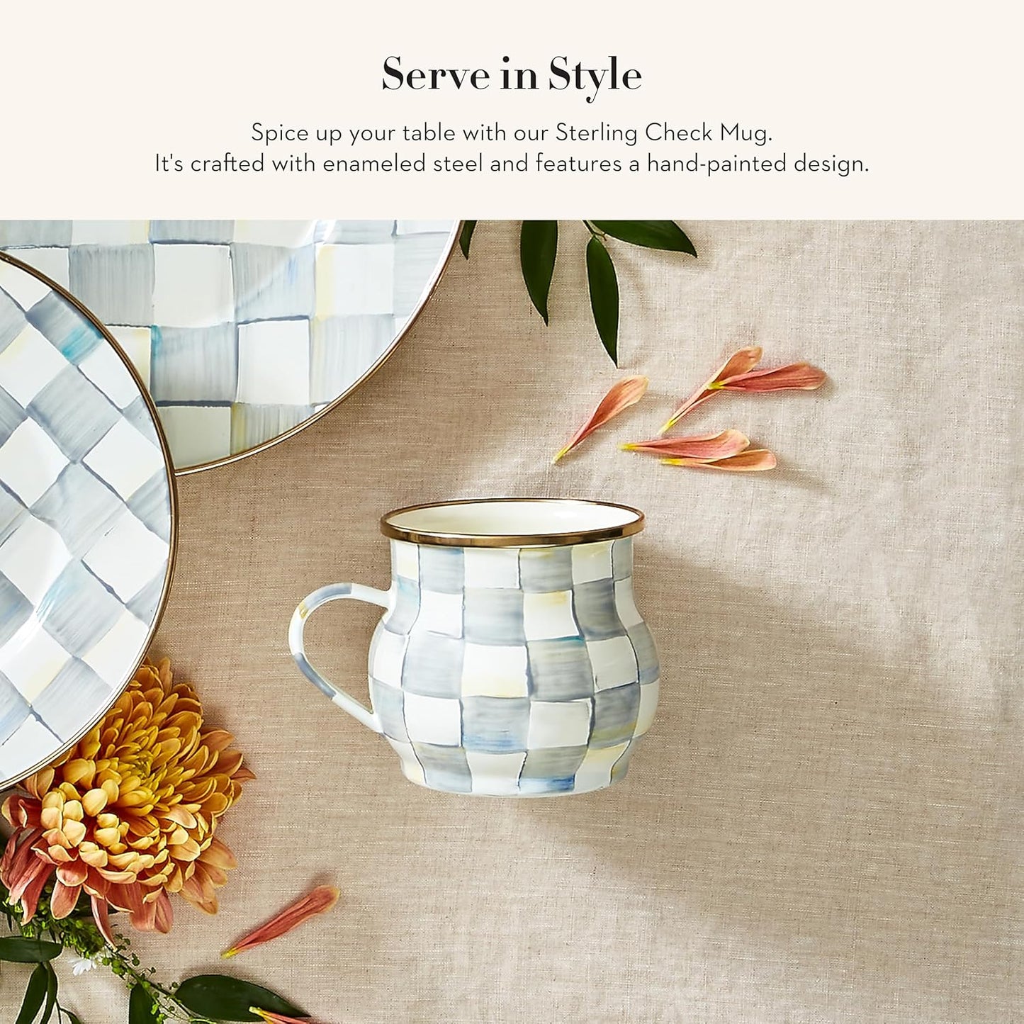 Dluxe Ave.  Cute Enamelware Coffee and Tea Mug Unique Drinkware 16 Ounces /Gray-and-White Sterling Check Set of 1