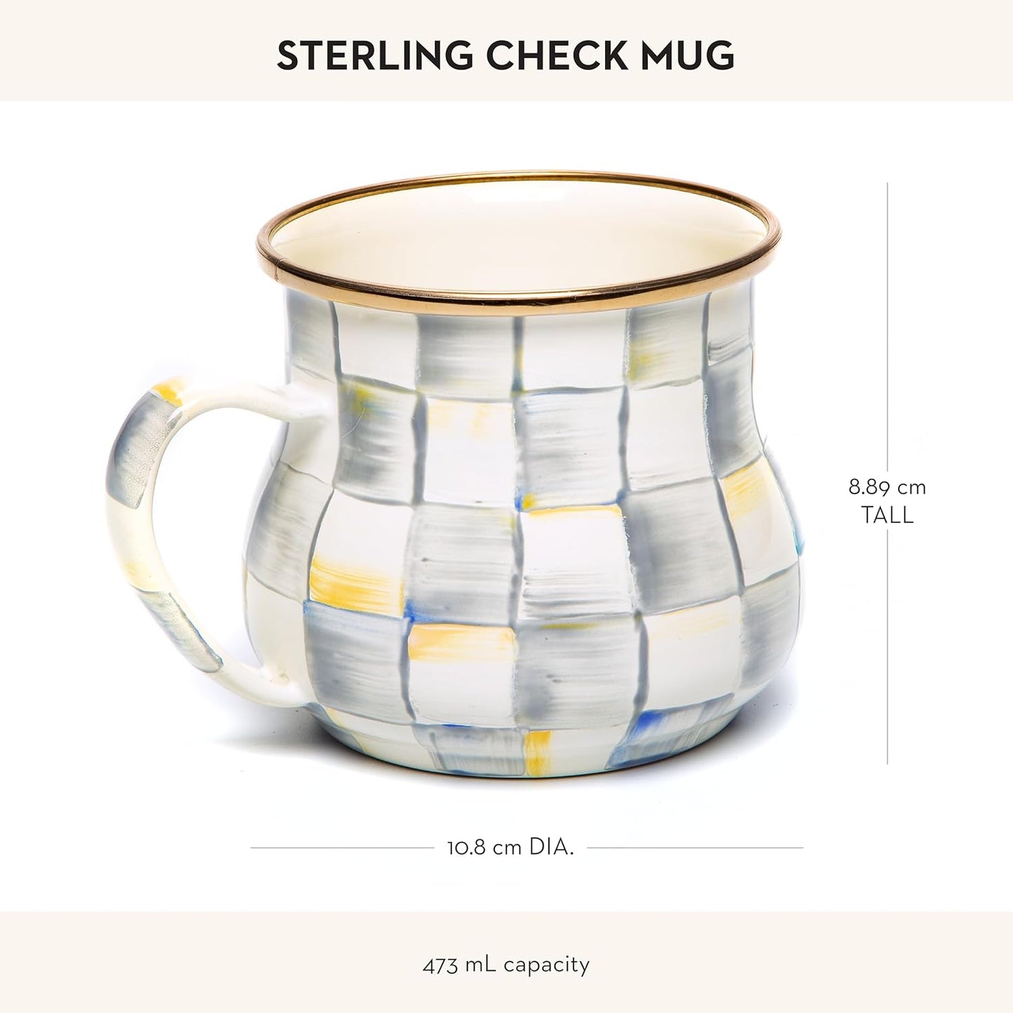 Dluxe Ave.  Cute Enamelware Coffee and Tea Mug Unique Drinkware 16 Ounces /Gray-and-White Sterling Check Set of 1