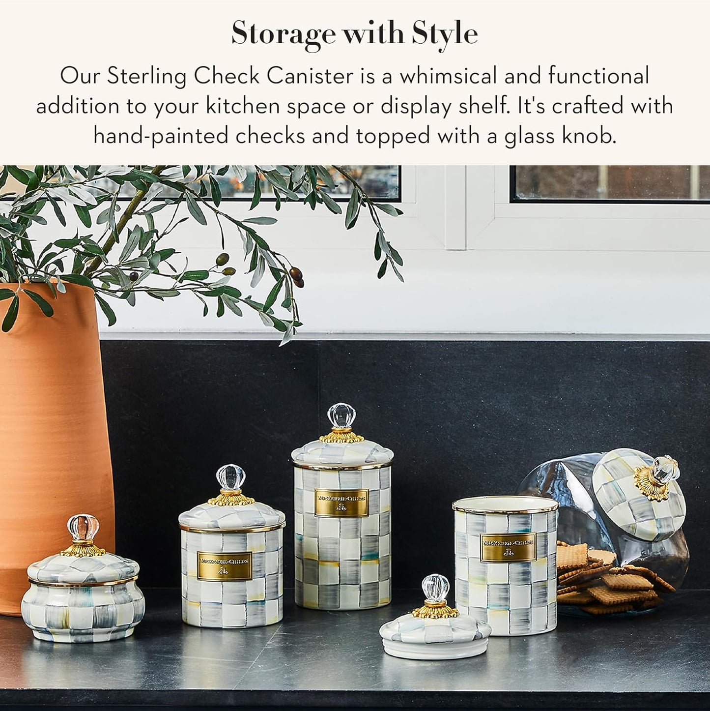 Dluxe Ave. MACKENZIE-CHILDS Sterling Check Enamel Canister Gray-and-White Kitchen Storage Container with Lid Small