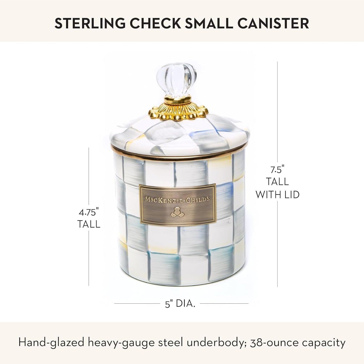 Dluxe Ave. MACKENZIE-CHILDS Sterling Check Enamel Canister Gray-and-White Kitchen Storage Container with Lid Small