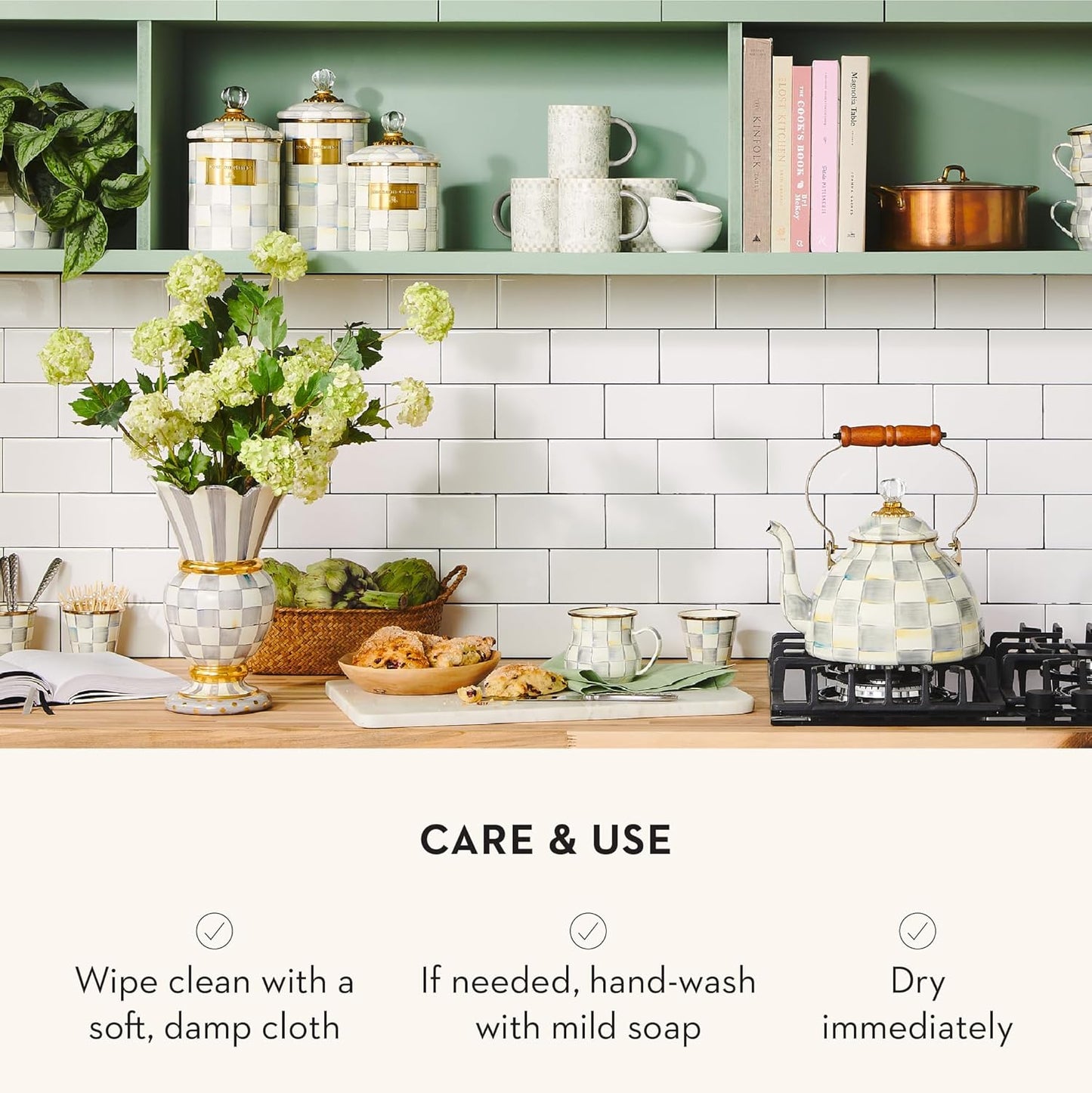 Dluxe Ave. MACKENZIE-CHILDS Sterling Check Enamel Canister Gray-and-White Kitchen Storage Container with Lid Small