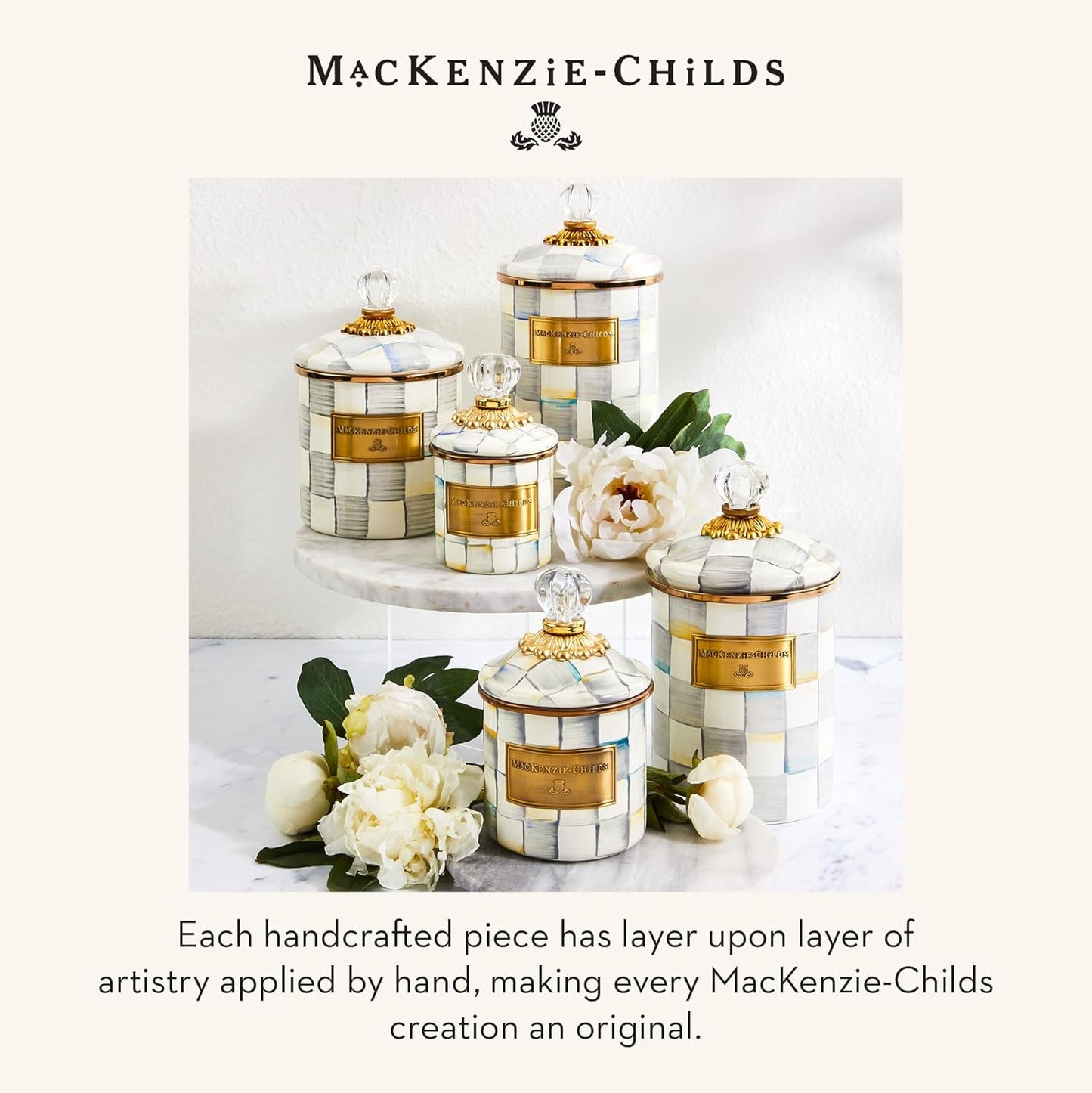 Dluxe Ave. MACKENZIE-CHILDS Sterling Check Enamel Canister Gray-and-White Kitchen Storage Container with Lid Small