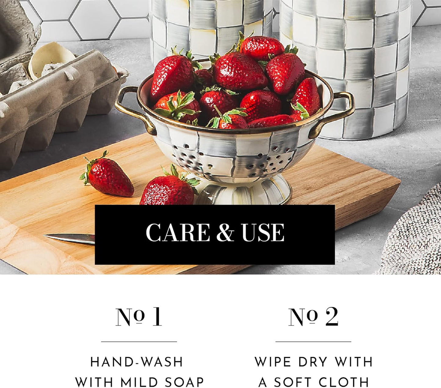 Dluxe Ave. Enamel Colander Decorative Kitchen Strainer /Small Gray-and-White Sterling Check