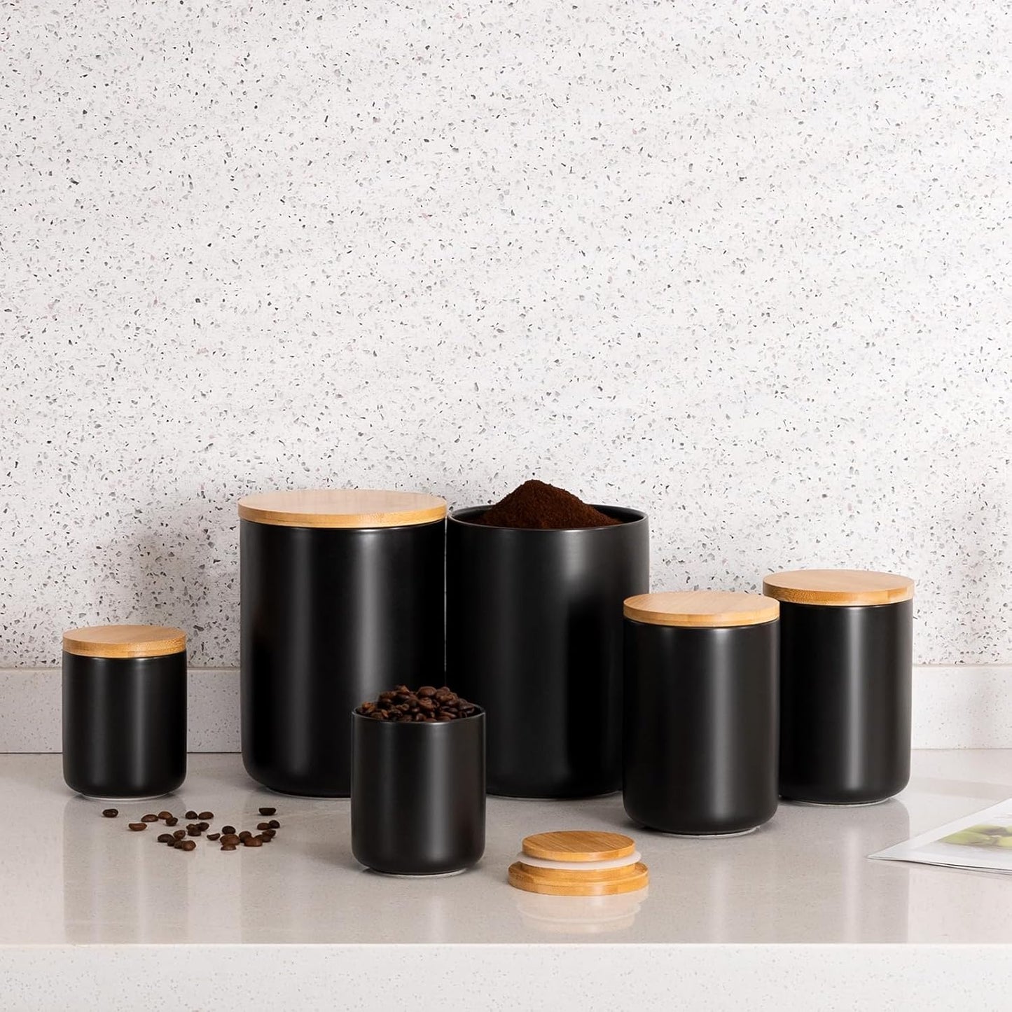 Dluxe Ave. Set of 3 Kitchen Canisters for Countertop with Airtight Wood Lids Ceramic (Black)