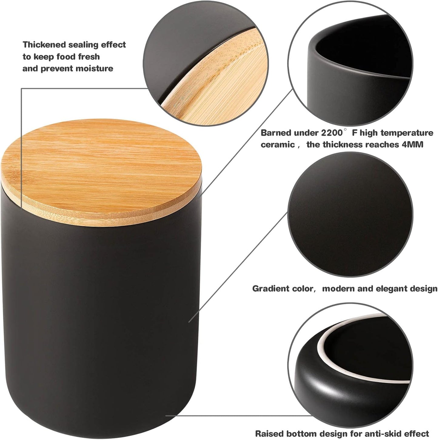 Dluxe Ave. Set of 3 Kitchen Canisters for Countertop with Airtight Wood Lids Ceramic (Black)