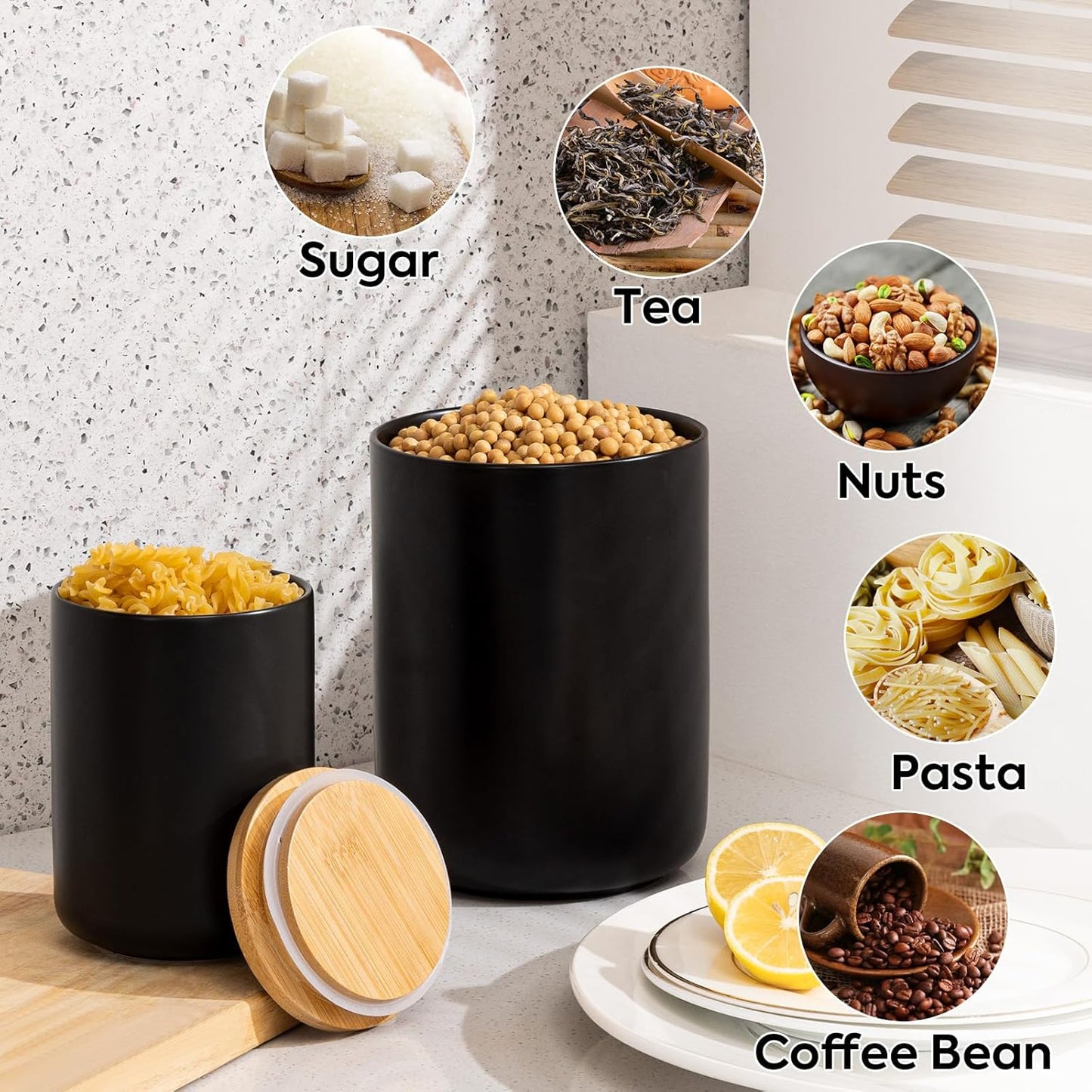 Dluxe Ave. Set of 3 Kitchen Canisters for Countertop with Airtight Wood Lids Ceramic (Black)