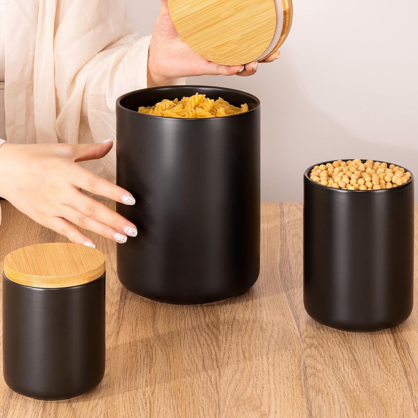 Dluxe Ave. Set of 3 Kitchen Canisters for Countertop with Airtight Wood Lids Ceramic (Black)