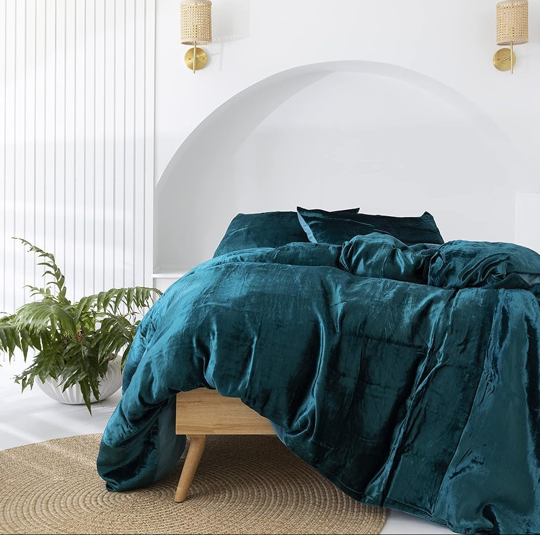 Dluxe Ave. ( TWIN) 3 Pcs Ultra Luxury Rayon Velvet Bedding, Boho Solid {Duvet Cover} UO Comforter Cover, Teal Blue  68"x90"