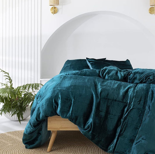 Dluxe Ave. ( TWIN) 3 Pcs Ultra Luxury Rayon Velvet Bedding, Boho Solid {Duvet Cover} UO Comforter Cover, Teal Blue  68"x90"