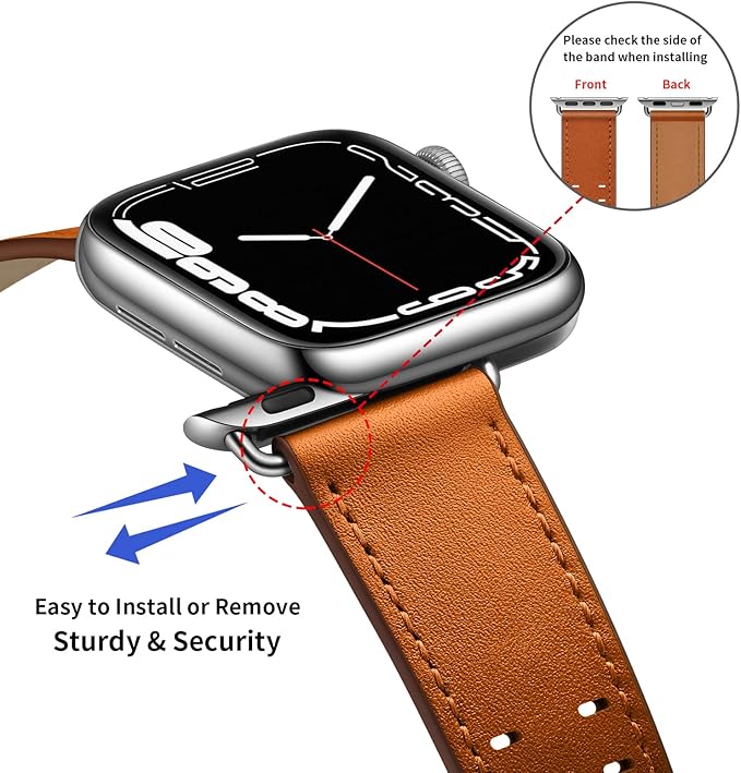 Dluxe Ave. OUHENG Leather Bands Compatible with Apple Watch Band 46mm/49mm/45mm/44mm/42mm-Series 3/2/1 Genuine Leather Band Strap Wristband for iWatch Ultra 2/1 Series 10 9 8 7 6 5 4 3 2 1 SE Men Brown/Silver