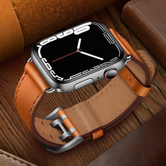 Dluxe Ave. OUHENG Leather Bands Compatible with Apple Watch Band 46mm/49mm/45mm/44mm/42mm-Series 3/2/1 Genuine Leather Band Strap Wristband for iWatch Ultra 2/1 Series 10 9 8 7 6 5 4 3 2 1 SE Men Brown/Silver