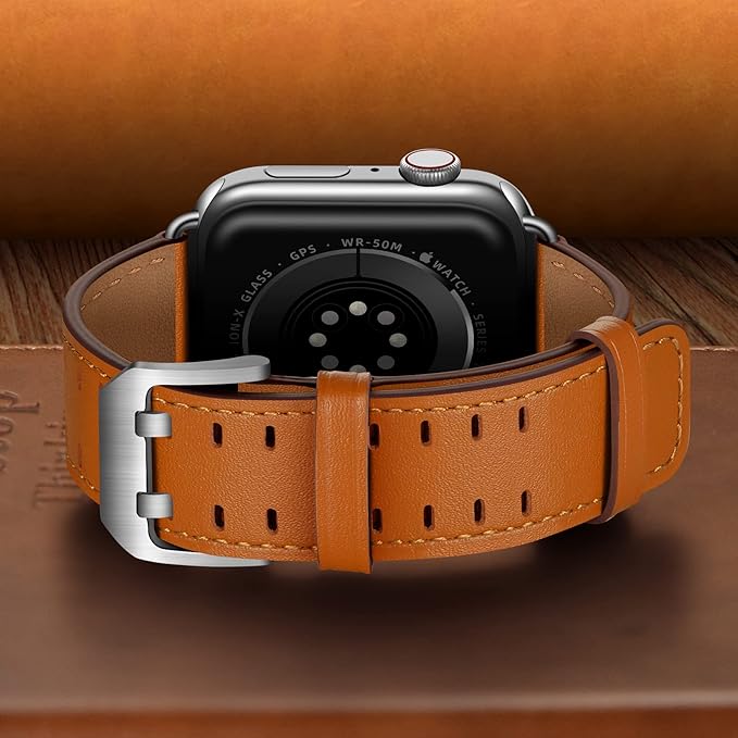 Dluxe Ave. OUHENG Leather Bands Compatible with Apple Watch Band 46mm/49mm/45mm/44mm/42mm-Series 3/2/1 Genuine Leather Band Strap Wristband for iWatch Ultra 2/1 Series 10 9 8 7 6 5 4 3 2 1 SE Men Brown/Silver