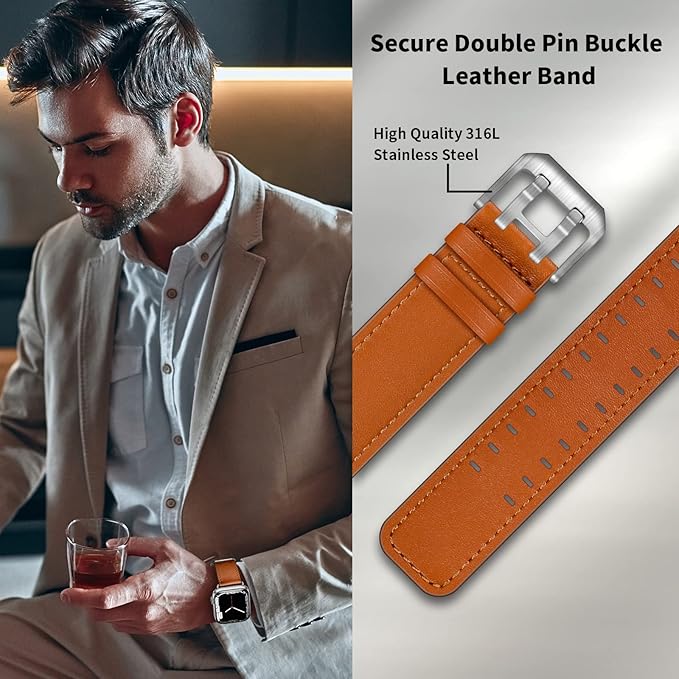 Dluxe Ave. OUHENG Leather Bands Compatible with Apple Watch Band 46mm/49mm/45mm/44mm/42mm-Series 3/2/1 Genuine Leather Band Strap Wristband for iWatch Ultra 2/1 Series 10 9 8 7 6 5 4 3 2 1 SE Men Brown/Silver