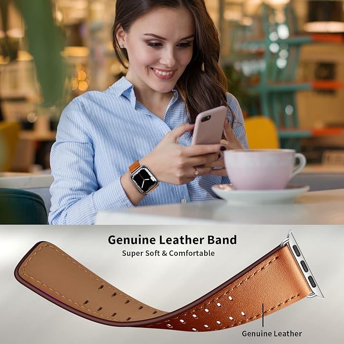 Dluxe Ave. OUHENG Leather Bands Compatible with Apple Watch Band 46mm/49mm/45mm/44mm/42mm-Series 3/2/1 Genuine Leather Band Strap Wristband for iWatch Ultra 2/1 Series 10 9 8 7 6 5 4 3 2 1 SE Men Brown/Silver