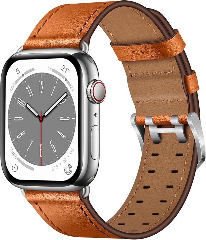 Dluxe Ave. OUHENG Leather Bands Compatible with Apple Watch Band 46mm/49mm/45mm/44mm/42mm-Series 3/2/1 Genuine Leather Band Strap Wristband for iWatch Ultra 2/1 Series 10 9 8 7 6 5 4 3 2 1 SE Men Brown/Silver