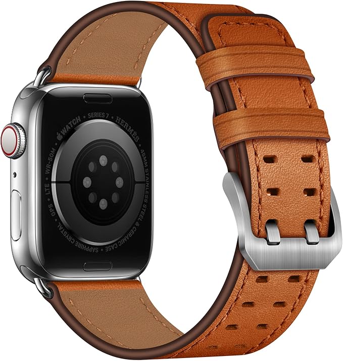 Dluxe Ave. OUHENG Leather Bands Compatible with Apple Watch Band 46mm/49mm/45mm/44mm/42mm-Series 3/2/1 Genuine Leather Band Strap Wristband for iWatch Ultra 2/1 Series 10 9 8 7 6 5 4 3 2 1 SE Men Brown/Silver