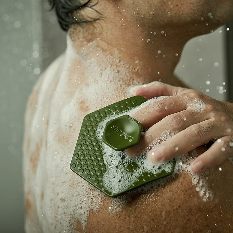 Dluxe Ave. Tooletries - Body Scrubber - Silicone Exfoliating Scrubber - Bathroom & Shower Accessories for Men Travel Essentials for Men - Durable & Long Lasting Body Wash Scrubber for Men - Army Green
