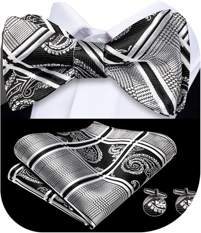 Dluxe Ave. Tie Bow Ties Set for Men Paisley Floral Bowtie and Pocket Square Cufflinks White Black