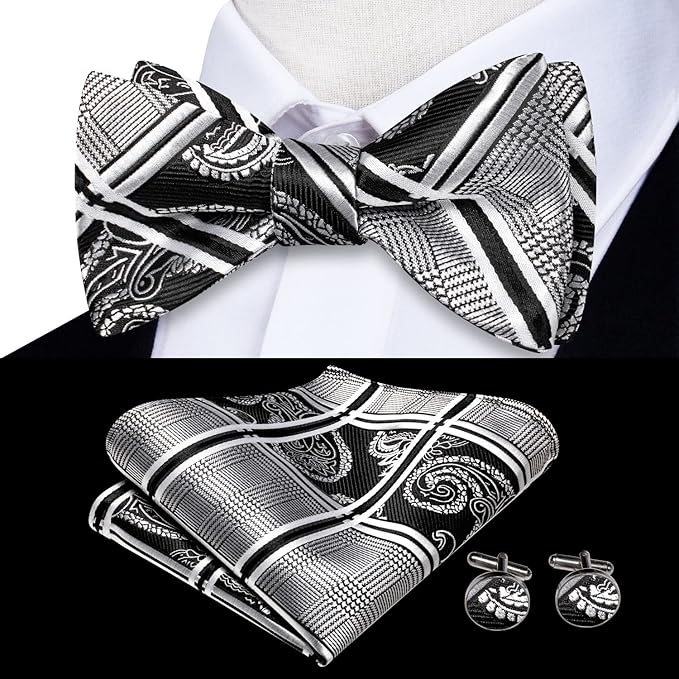 Dluxe Ave. Tie Bow Ties Set for Men Paisley Floral Bowtie and Pocket Square Cufflinks White Black