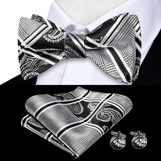 Dluxe Ave. Tie Bow Ties Set for Men Paisley Floral Bowtie and Pocket Square Cufflinks White Black