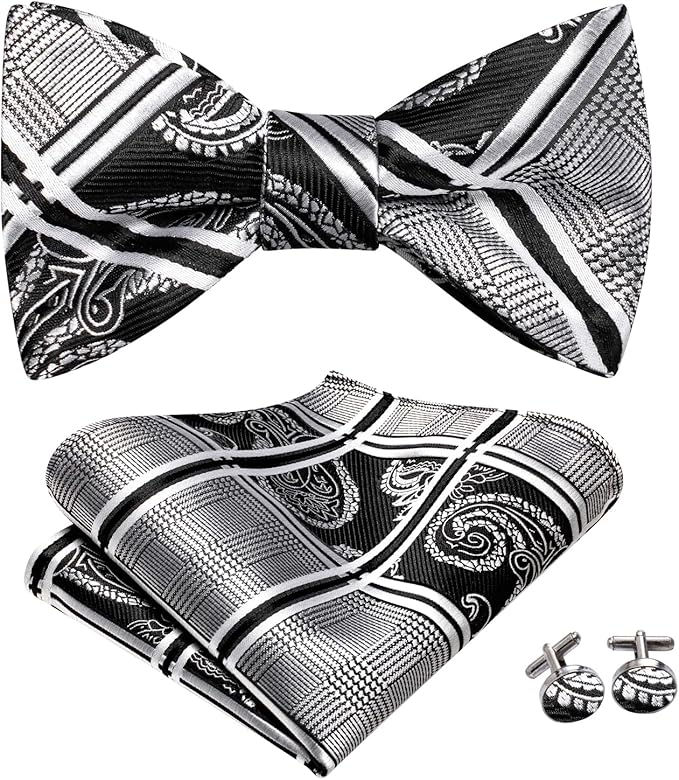 Dluxe Ave. Tie Bow Ties Set for Men Paisley Floral Bowtie and Pocket Square Cufflinks White Black