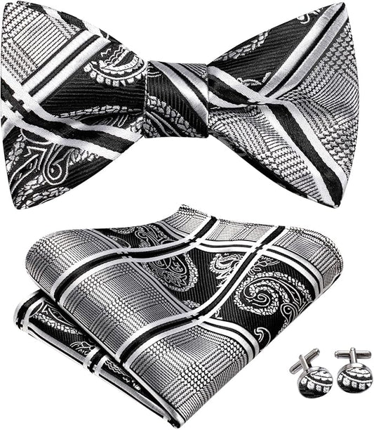 Dluxe Ave. Tie Bow Ties Set for Men Paisley Floral Bowtie and Pocket Square Cufflinks White Black