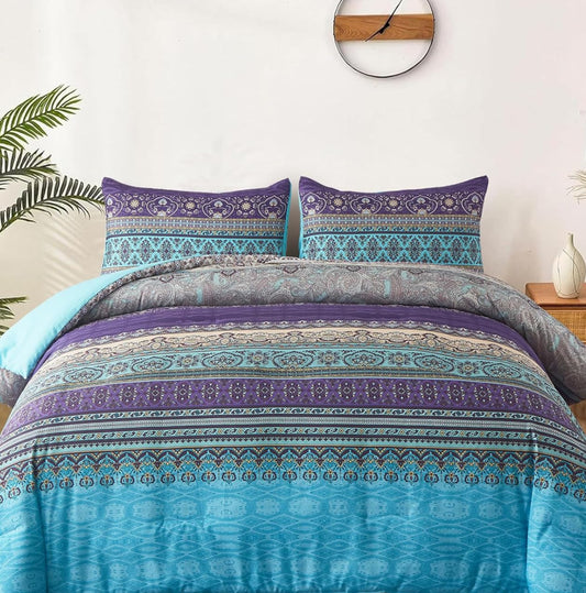 Dluxe Ave. (QUEEN) Comforter Set 3 Pieces Striped Bohemian Printed Set(Purple 90"x90")