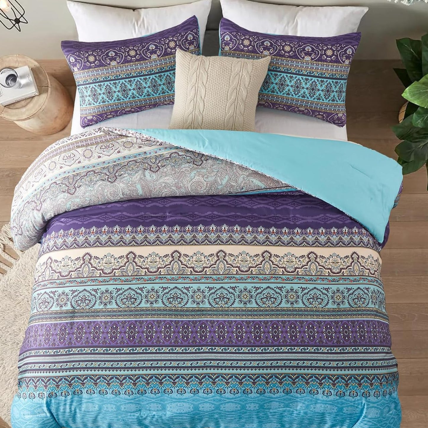 Dluxe Ave. (QUEEN) Comforter Set 3 Pieces Striped Bohemian Printed Set(Purple 90"x90")