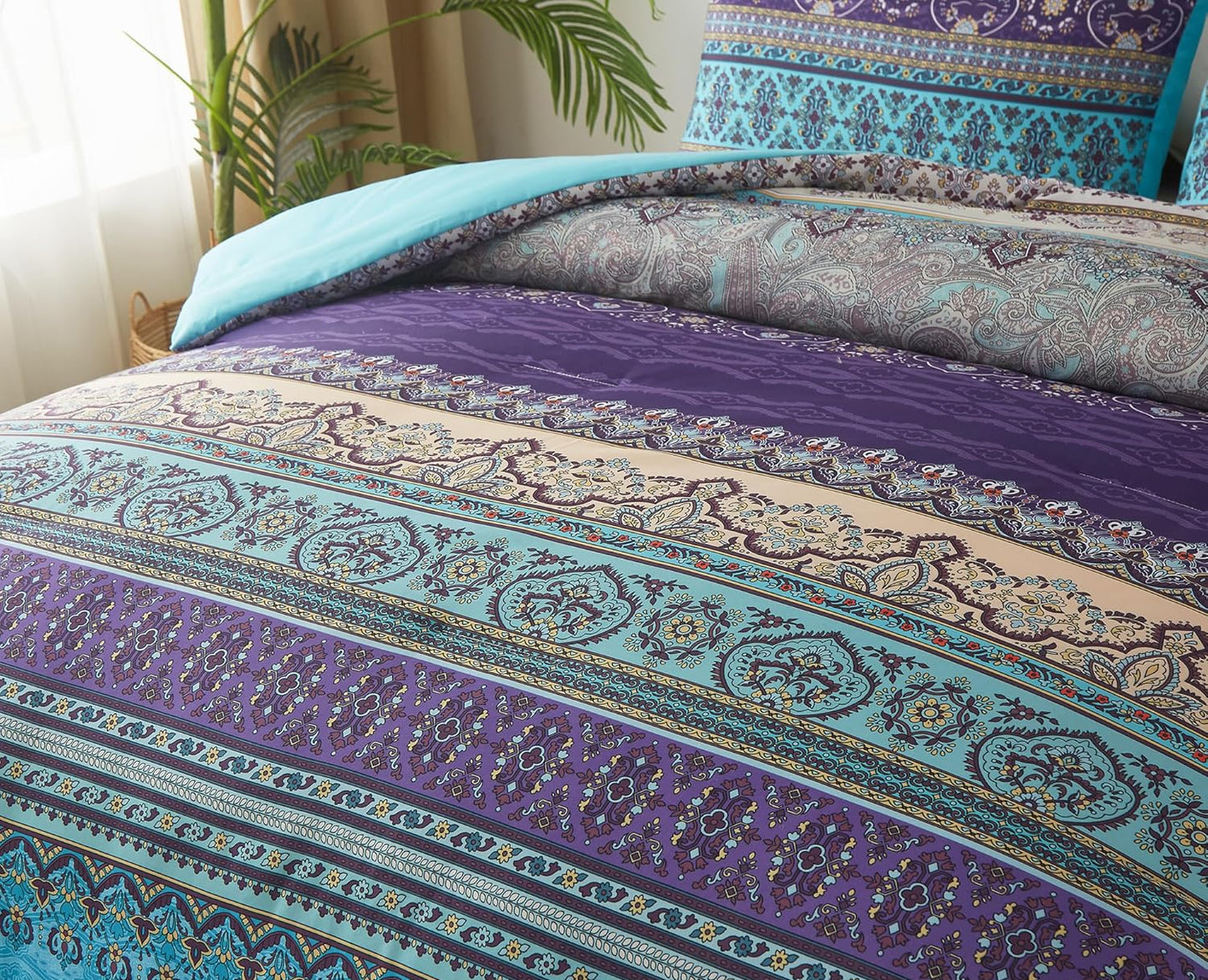 Dluxe Ave. (QUEEN) Comforter Set 3 Pieces Striped Bohemian Printed Set(Purple 90"x90")