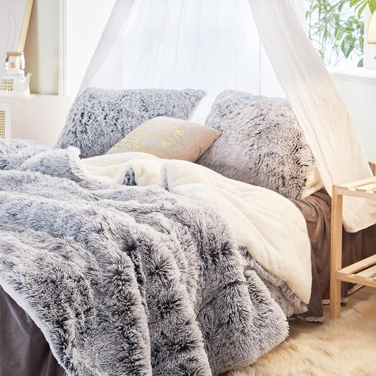 Dluxe Ave. ( KING ) 3 Pcs Luxury Faux Fur Shaggy Comforter Set/ Plush & Sherpa Reversible/ Grey with White