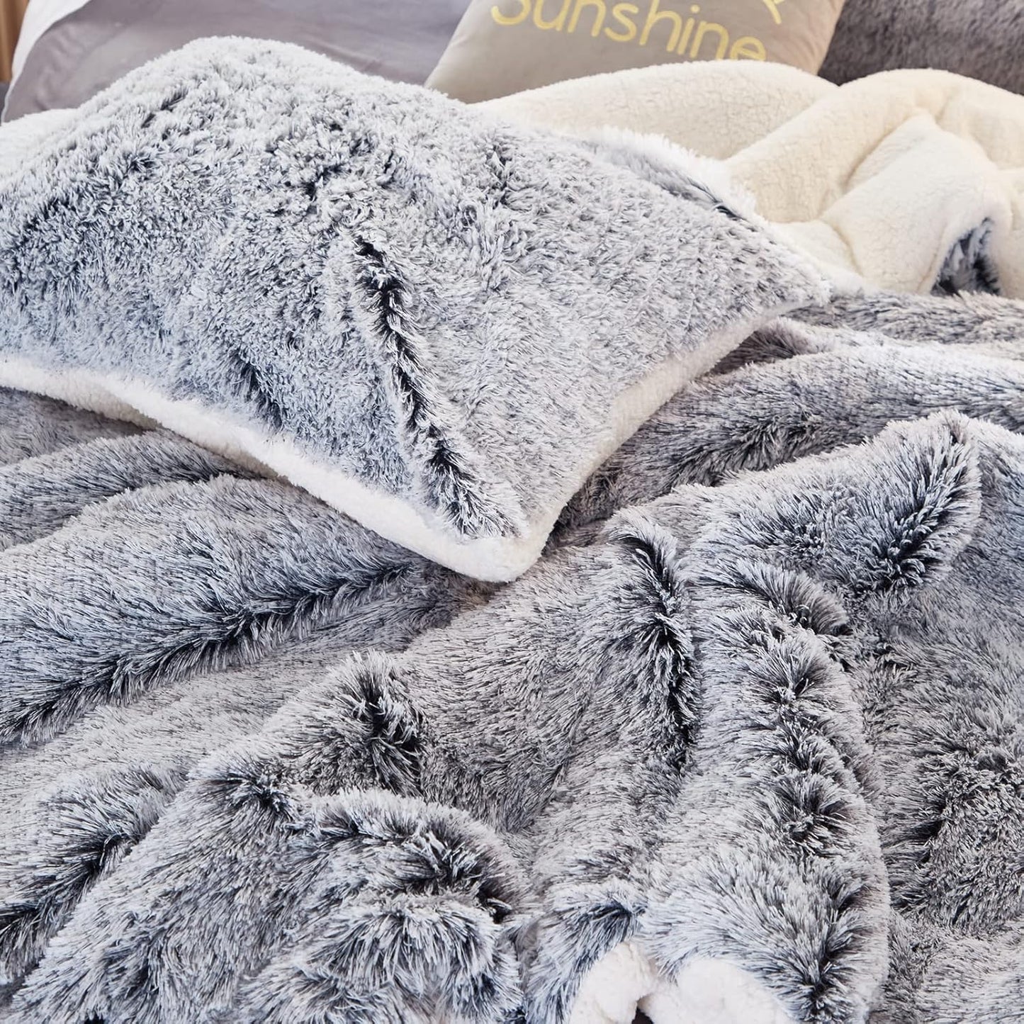 Dluxe Ave. ( KING ) 3 Pcs Luxury Faux Fur Shaggy Comforter Set/ Plush & Sherpa Reversible/ Grey with White