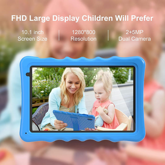Dluxe Ave. BYYBUO Kids Tablet 10.1 inch Android 13 Tablet for Kids 2GB RAM 32GB ROM 6000mAh Battery Toddler Tablets with Bluetooth WiFi Parental Control Dual Camera Shockproof Case