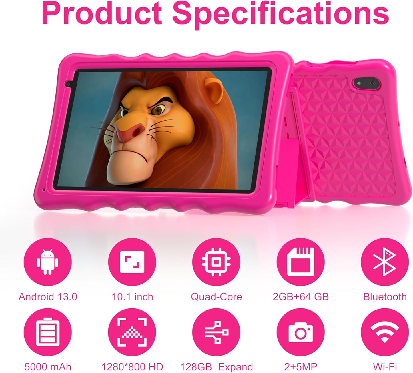 Dluxe Ave. BYYBUO Kids Tablet 10.1 inch Android 13 Tablet for Kids 2GB RAM 32GB ROM 6000mAh Battery Toddler Tablets with Bluetooth WiFi Parental Control Dual Camera Shockproof Case