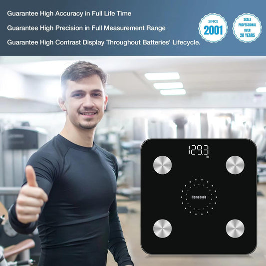 Dluxe Ave. Homebuds Digital Bathroom Scale for Body Weight and Body Fat Weighing Professional Since 2001 Body Composition Monitor Professional for BMI Fat Water Muscle with App 400lb Black