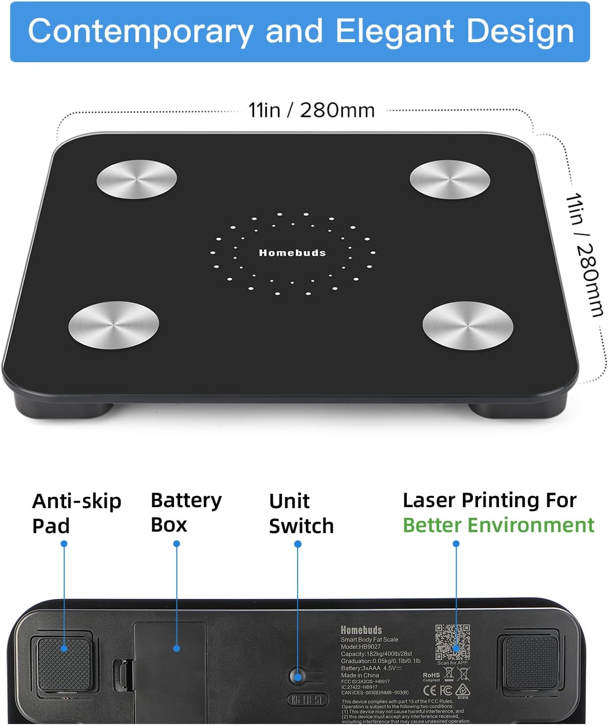 Dluxe Ave. Homebuds Digital Bathroom Scale for Body Weight and Body Fat Weighing Professional Since 2001 Body Composition Monitor Professional for BMI Fat Water Muscle with App 400lb Black