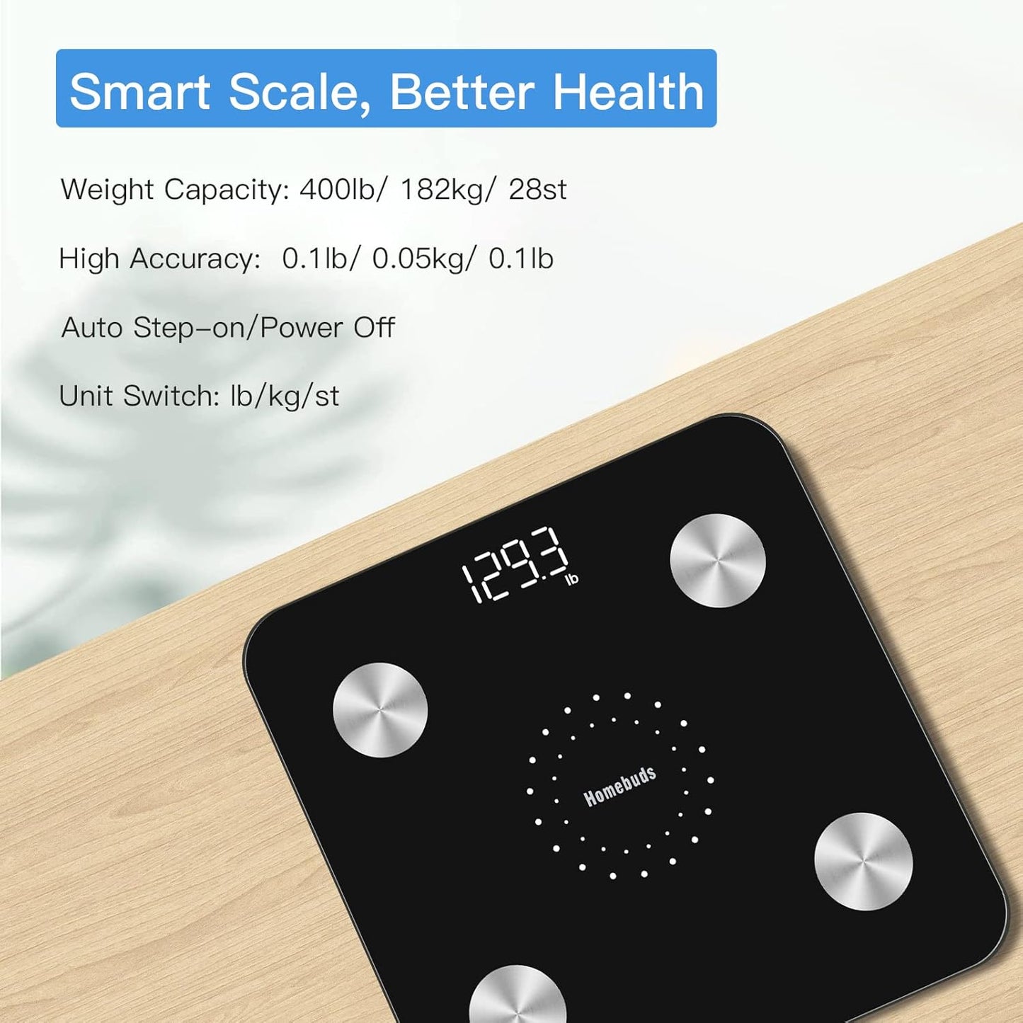 Dluxe Ave. Homebuds Digital Bathroom Scale for Body Weight and Body Fat Weighing Professional Since 2001 Body Composition Monitor Professional for BMI Fat Water Muscle with App 400lb Black