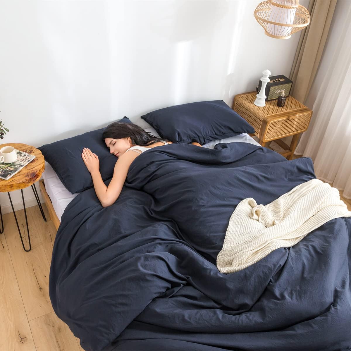 Dluxe Ave. ( CALI./ KING ) 3 Pcs Comforter Set/ Double Silky Soft, Reversible Shaggy Fluffy Comforter/ Dark Navy Blue